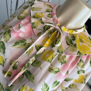 vintage Smart Time PINK & YELLOW FLORAL HOUSE DRESS w/ oversized pleated collar